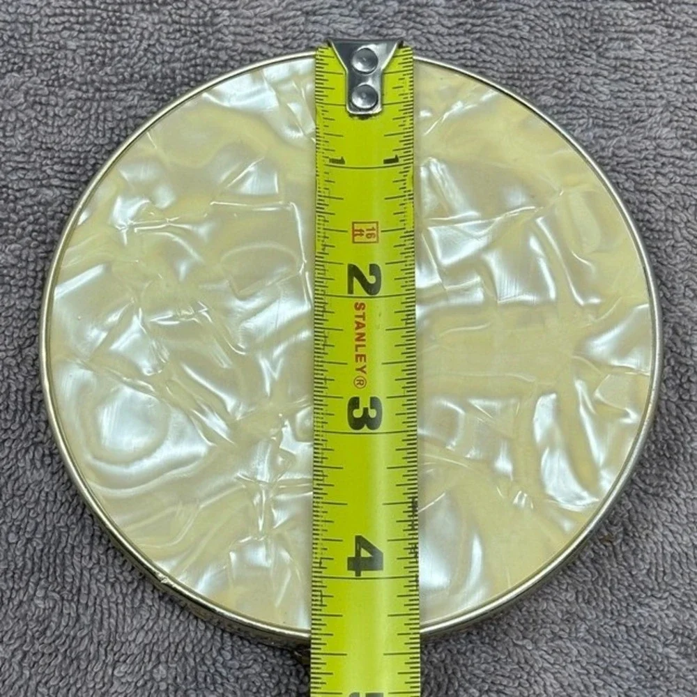 Vintage Japan Folding Vanity Mirror Gold Tone Faux Mother of Pearl Travel Stand
